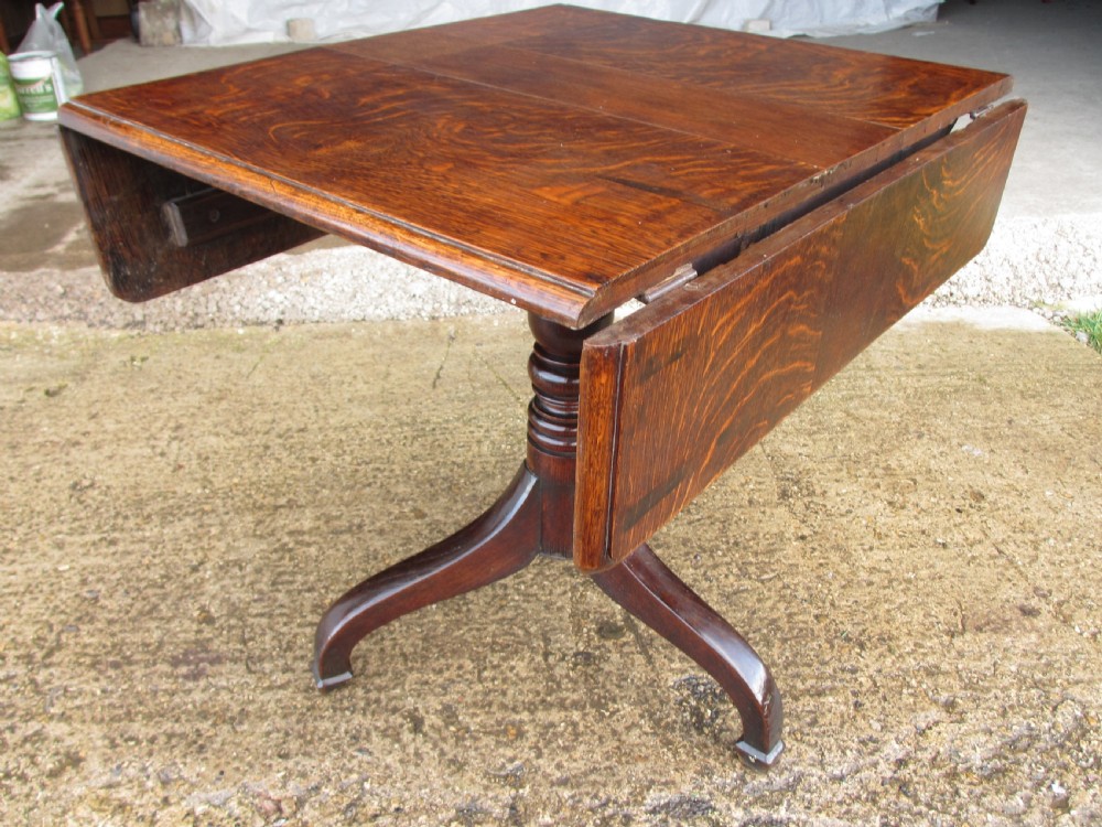 A Victorian dark oak drop-leaf breakfast table featuring a rectangular surface with grain figure, a turned central pedestal stem, and splayed legs. View IV