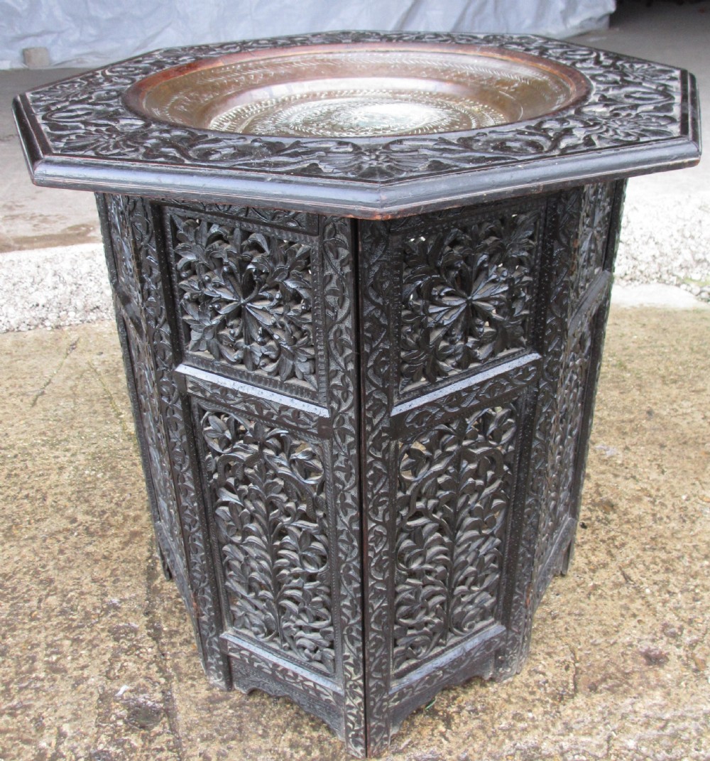 Anglo Indian carved fretted teak fold up octagonal occasional tray table View II