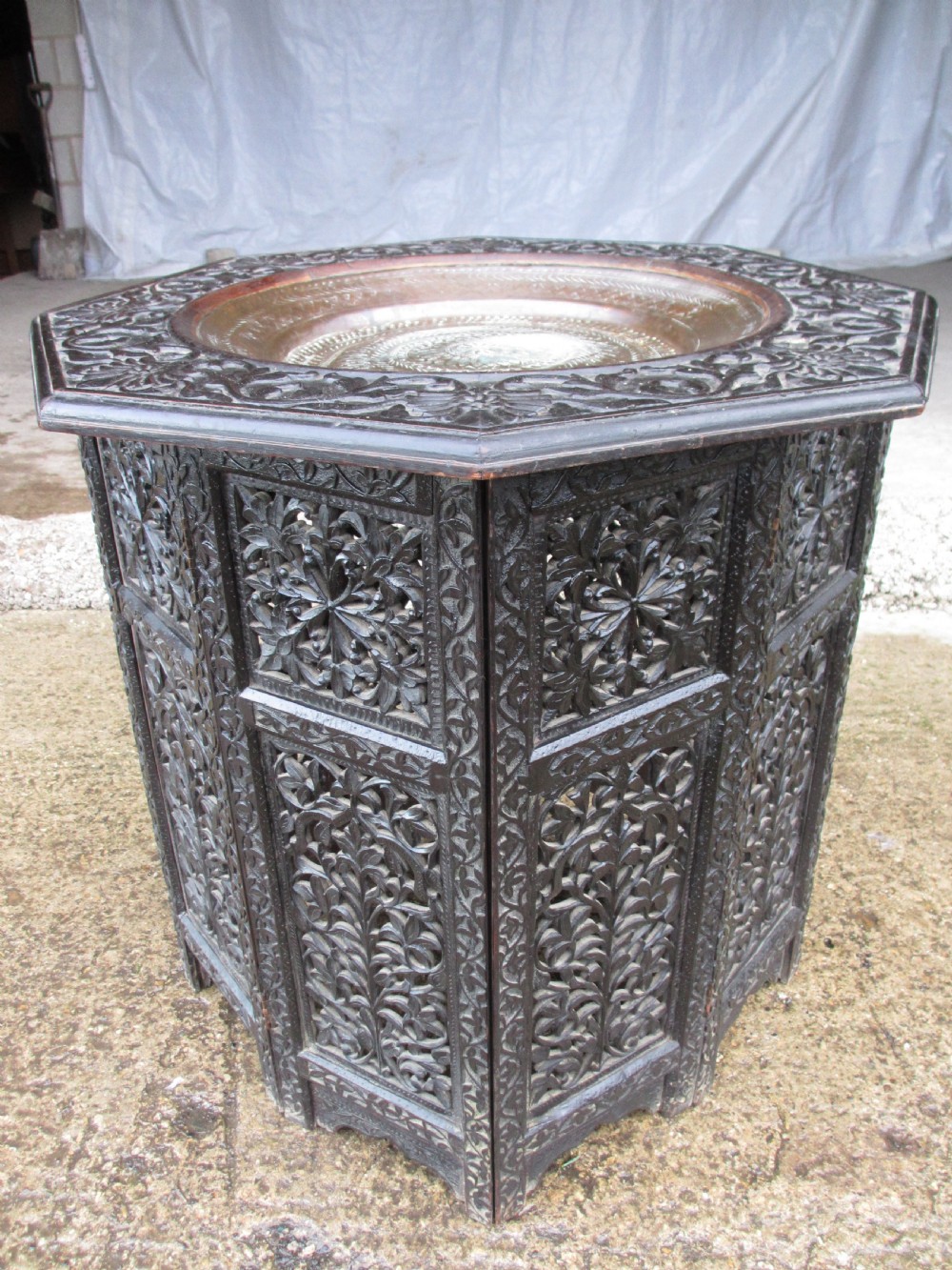 Anglo Indian carved fretted teak fold up octagonal occasional tray table View IV