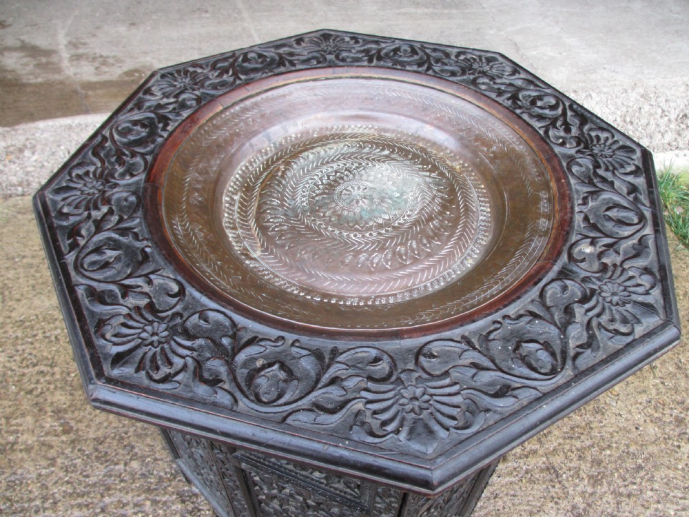 Anglo Indian carved fretted teak fold up octagonal occasional tray table View V