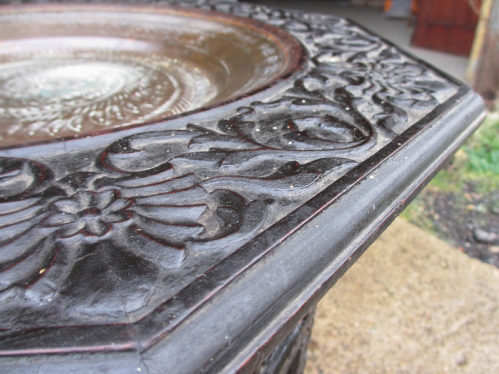 Anglo Indian carved fretted teak fold up octagonal occasional tray table View VI