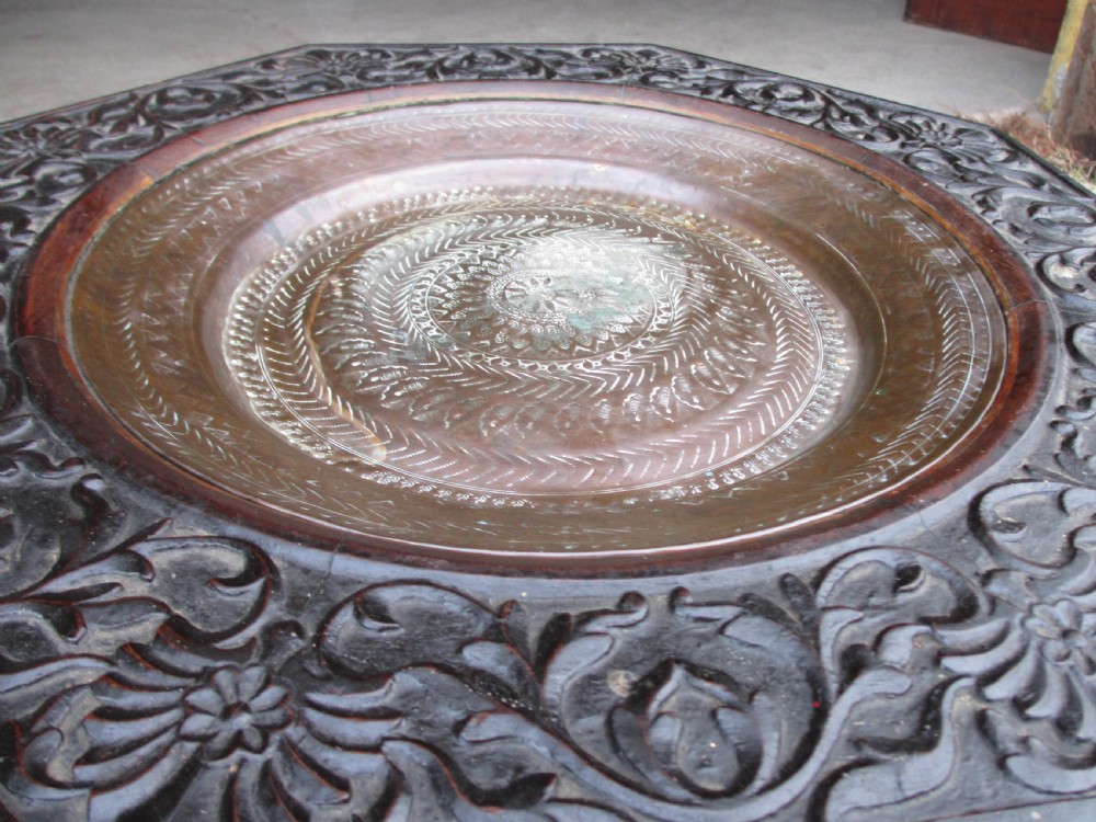 Anglo Indian carved fretted teak fold up octagonal occasional tray table View VIII