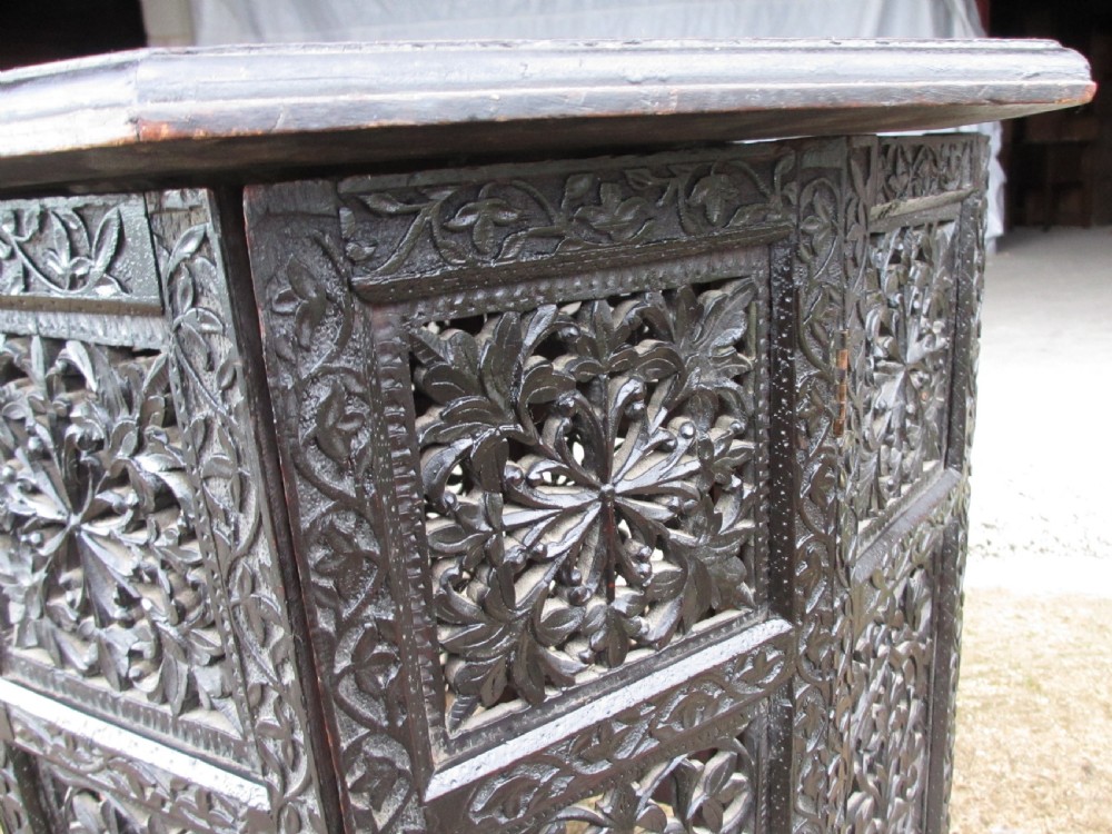 Anglo Indian carved fretted teak fold up octagonal occasional tray table View X