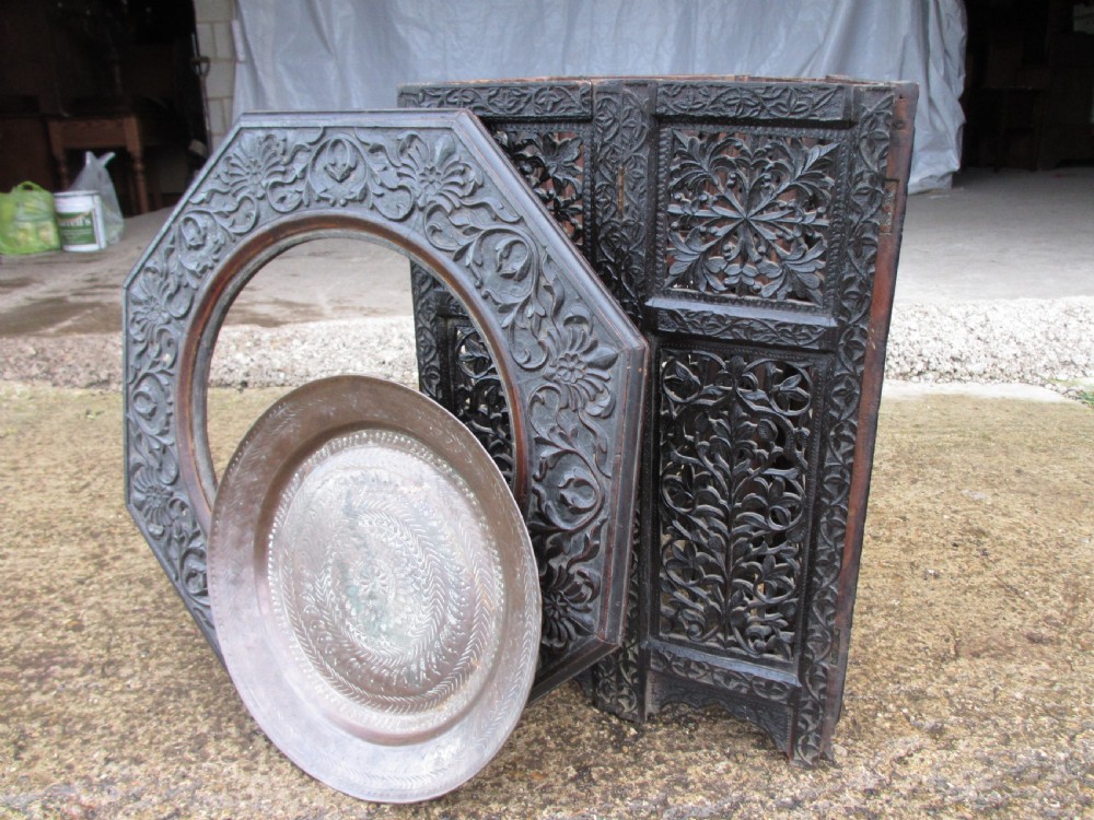 Anglo Indian carved fretted teak fold up octagonal occasional tray table View XIII