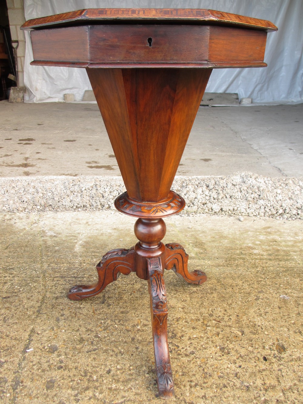 Victorian walnut and tunbridge inlaid trumpet sewing work table