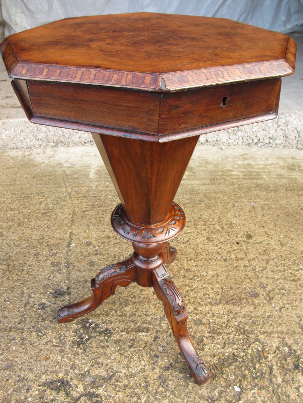 Victorian walnut and tunbridge inlaid trumpet sewing work table View II