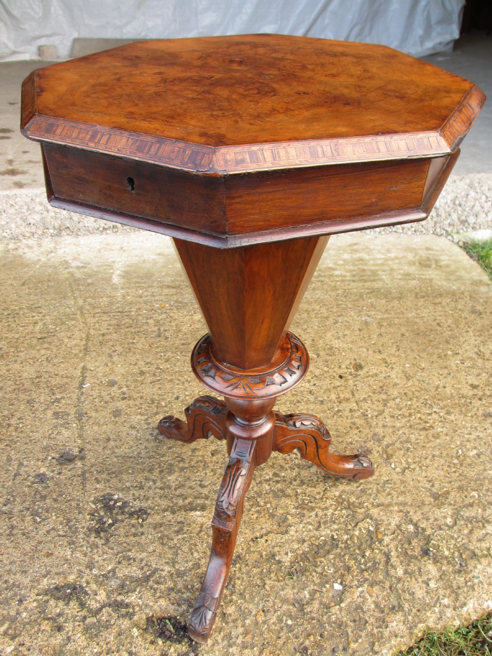 Victorian walnut and tunbridge inlaid trumpet sewing work table View III