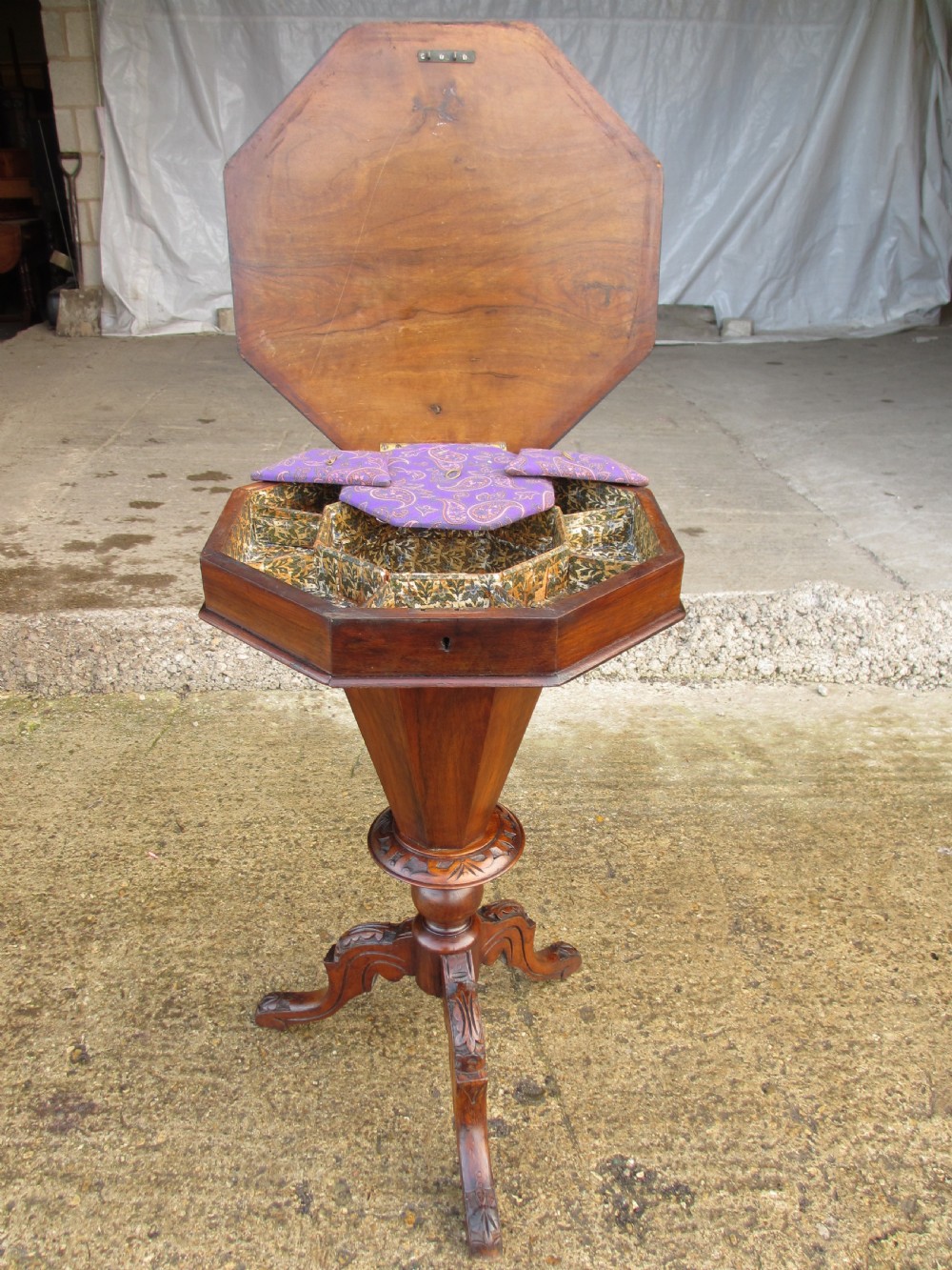 Victorian walnut and tunbridge inlaid trumpet sewing work table View VI