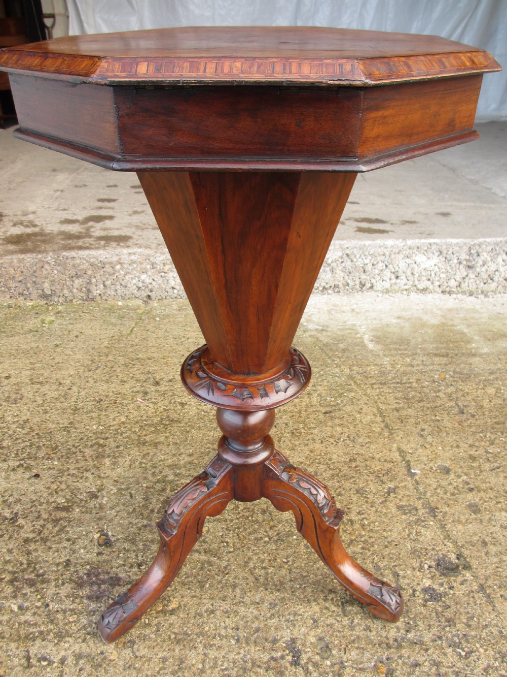 Victorian walnut and tunbridge inlaid trumpet sewing work table View VII