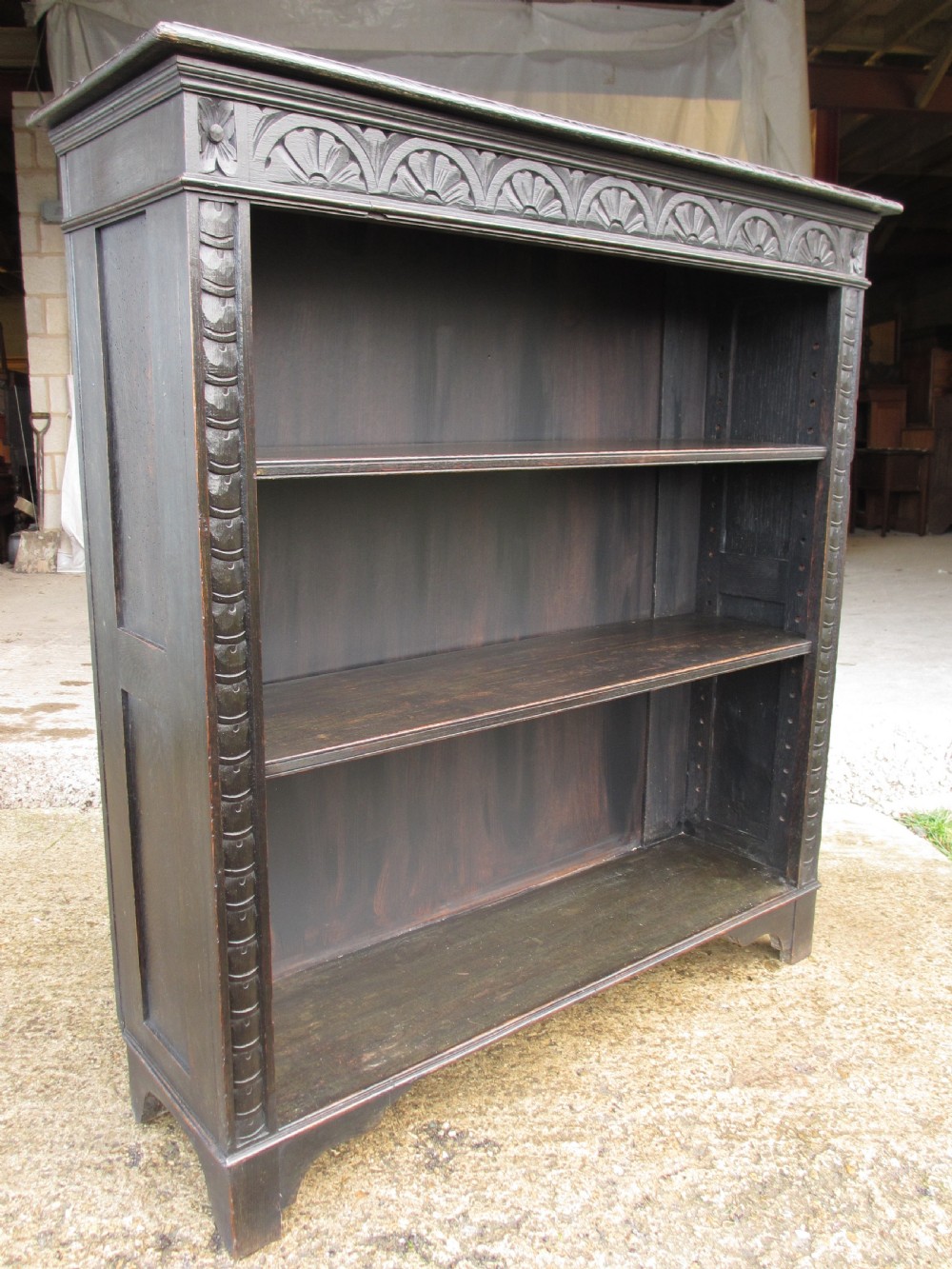 Victorian carved oak adjustable open bookcase View II