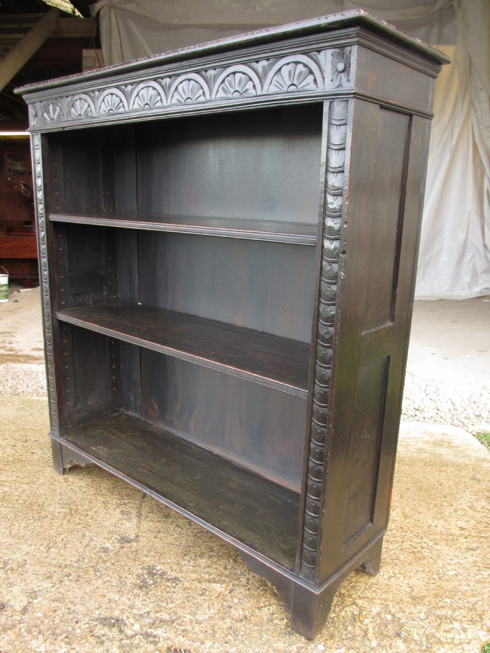 Victorian carved oak adjustable open bookcase View V