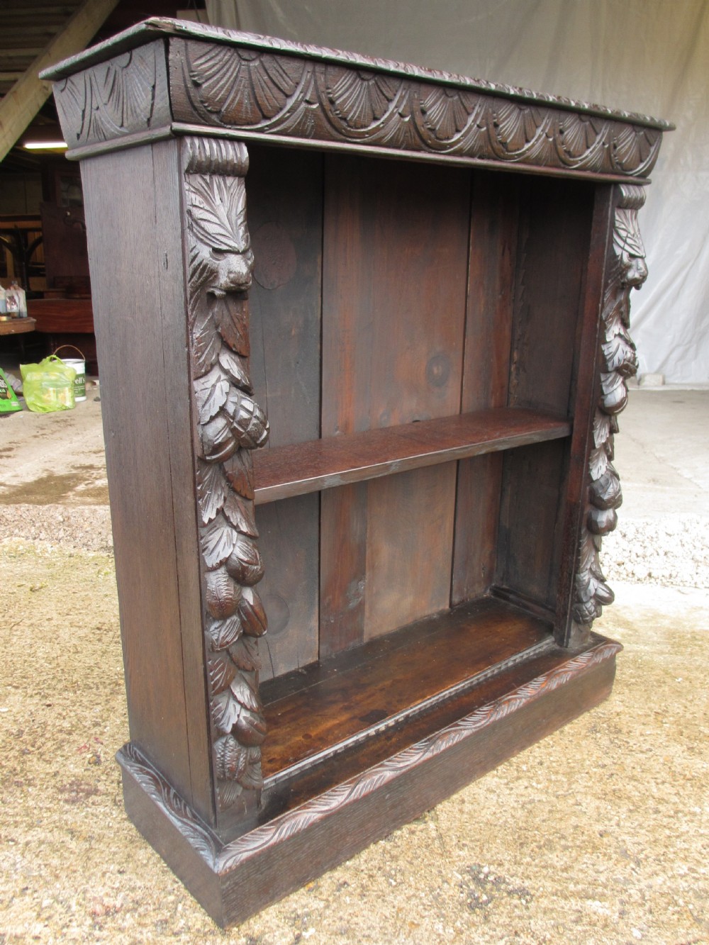 Victorian carved oak adjustable open bookcase View II