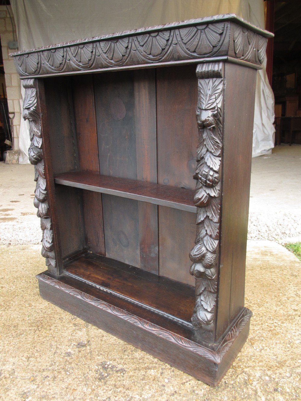 Victorian carved oak adjustable open bookcase View III