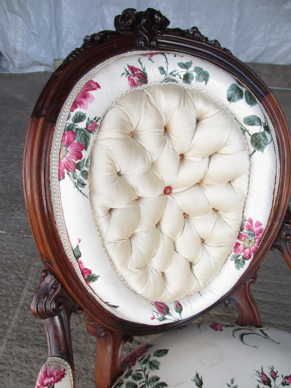 Early Victorian mahogany carved show wood button upholstered spoon back armchair View VII
