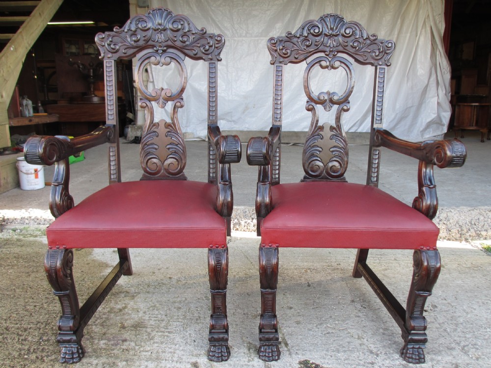 Victorian mahogany pair of carved carver armchairs