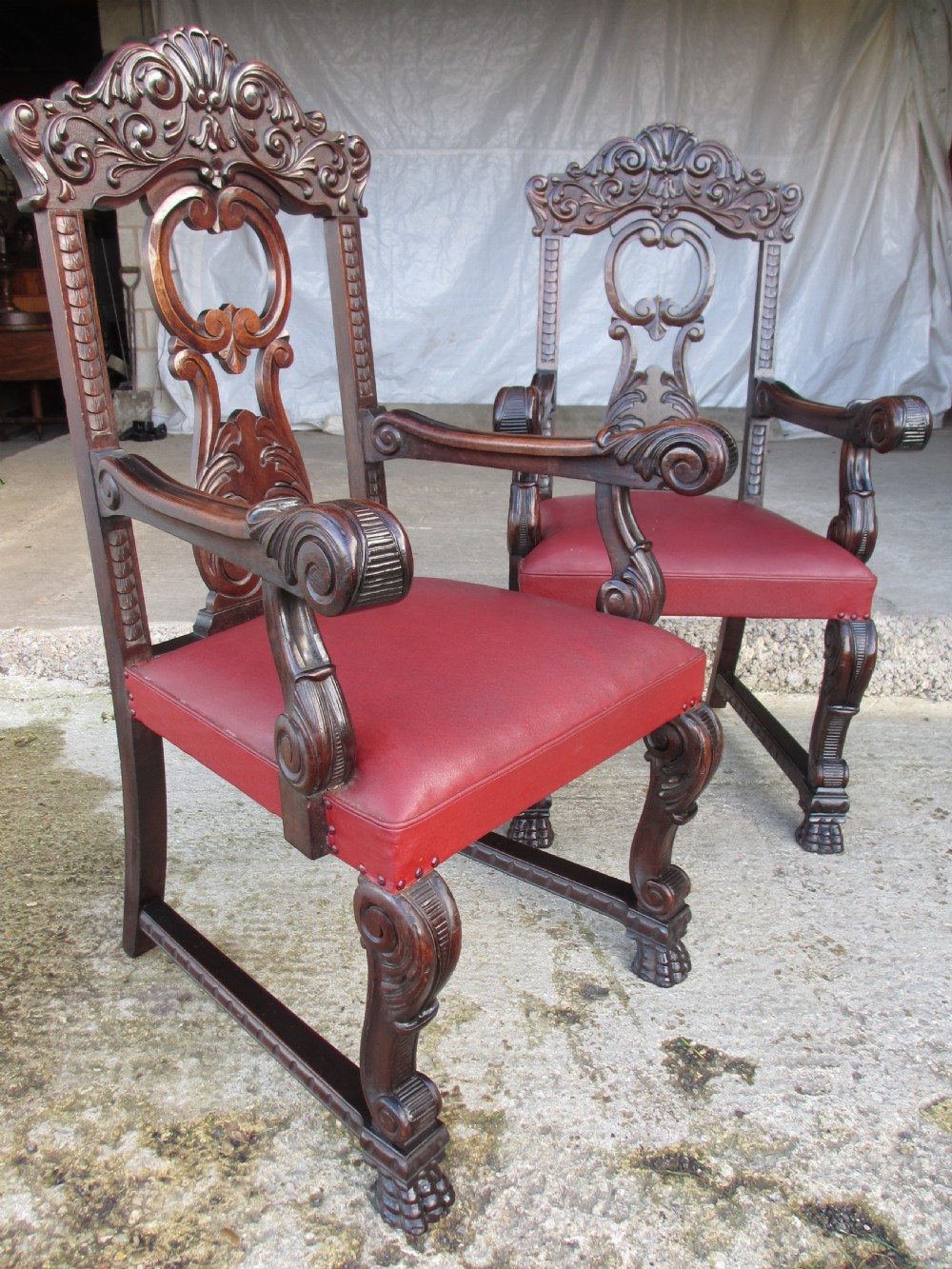 Victorian mahogany pair of carved carver armchairs View II