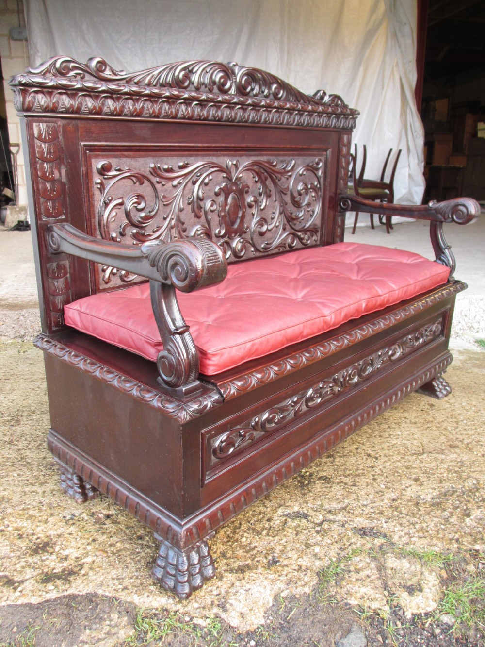 Superb Victorian Brazilian mahogany carved box settle  View II