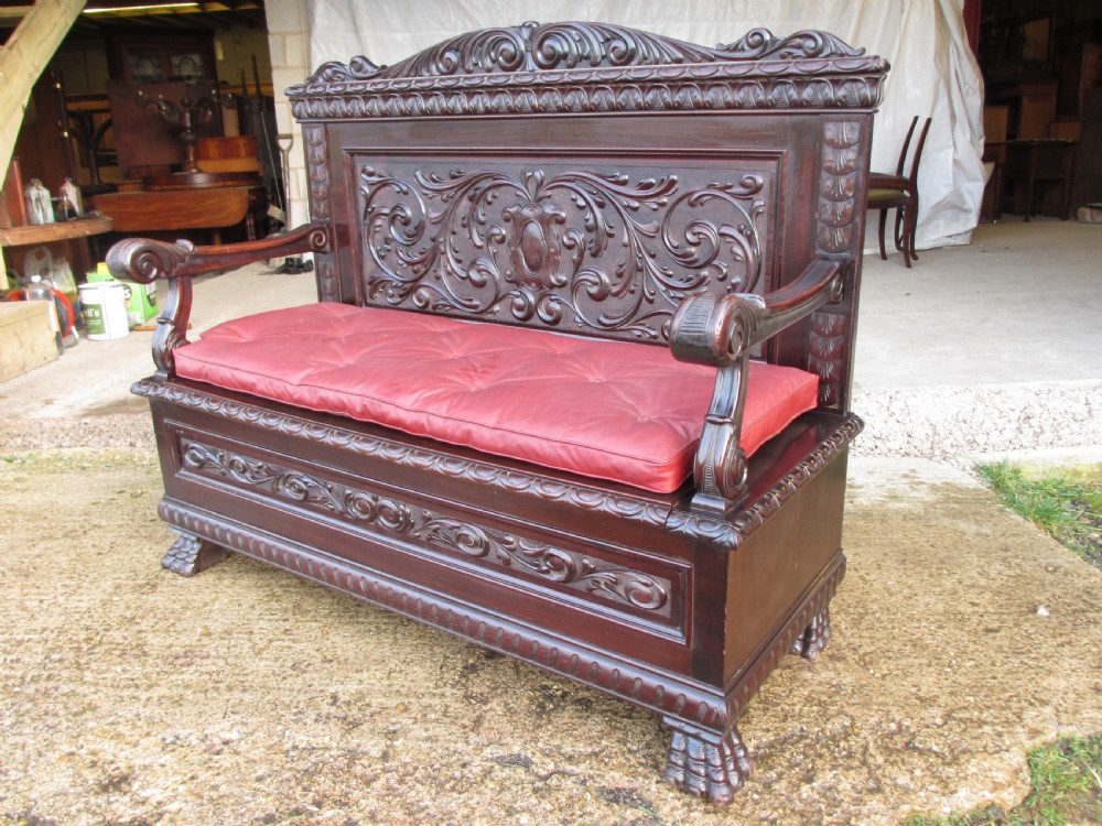 Superb Victorian Brazilian mahogany carved box settle  View III
