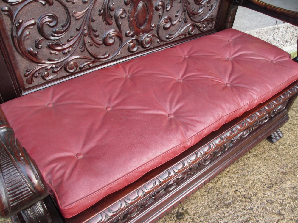 Superb Victorian Brazilian mahogany carved box settle  View VII