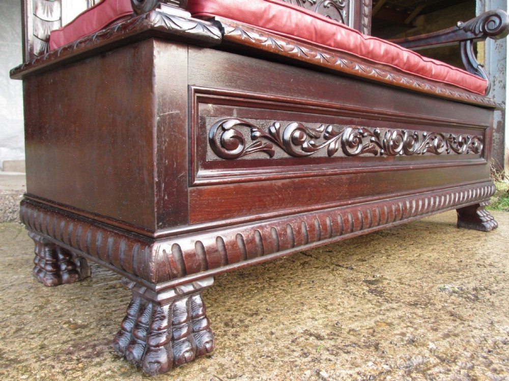 Superb Victorian Brazilian mahogany carved box settle  View VIII