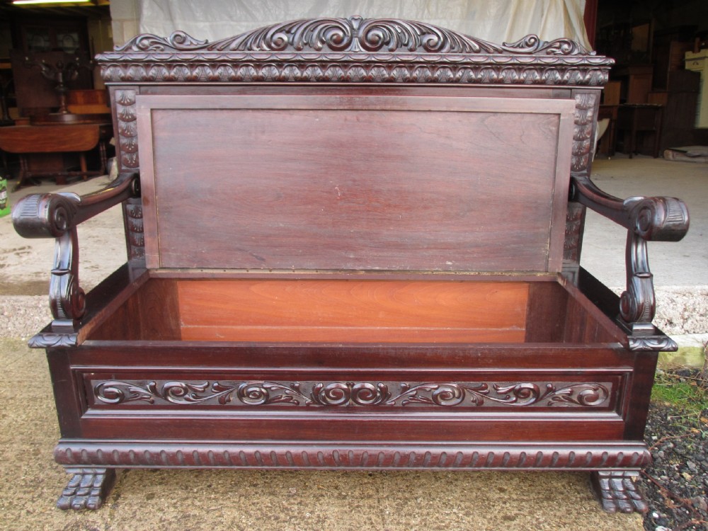 Superb Victorian Brazilian mahogany carved box settle  View IX