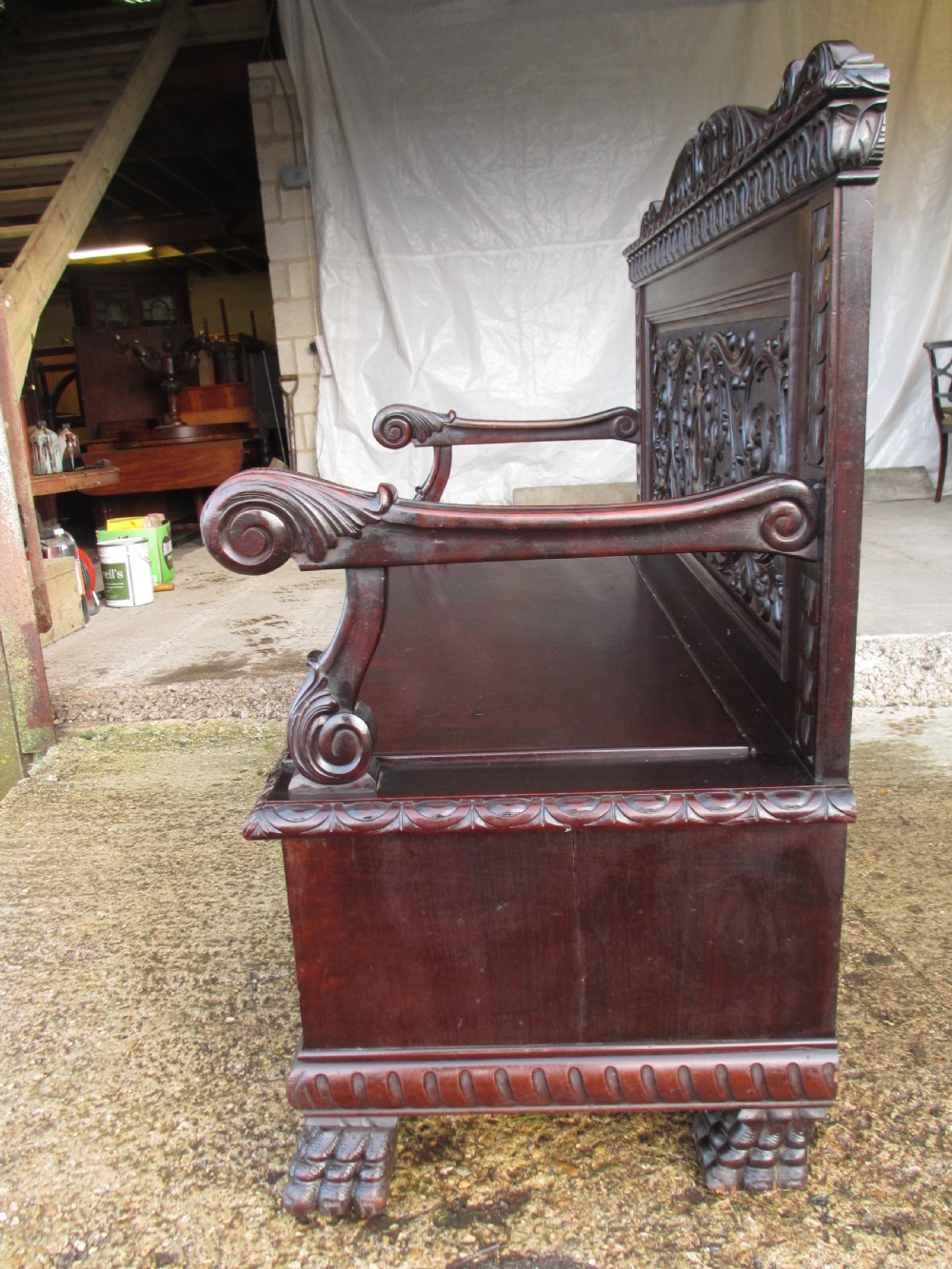 Superb Victorian Brazilian mahogany carved box settle  View X
