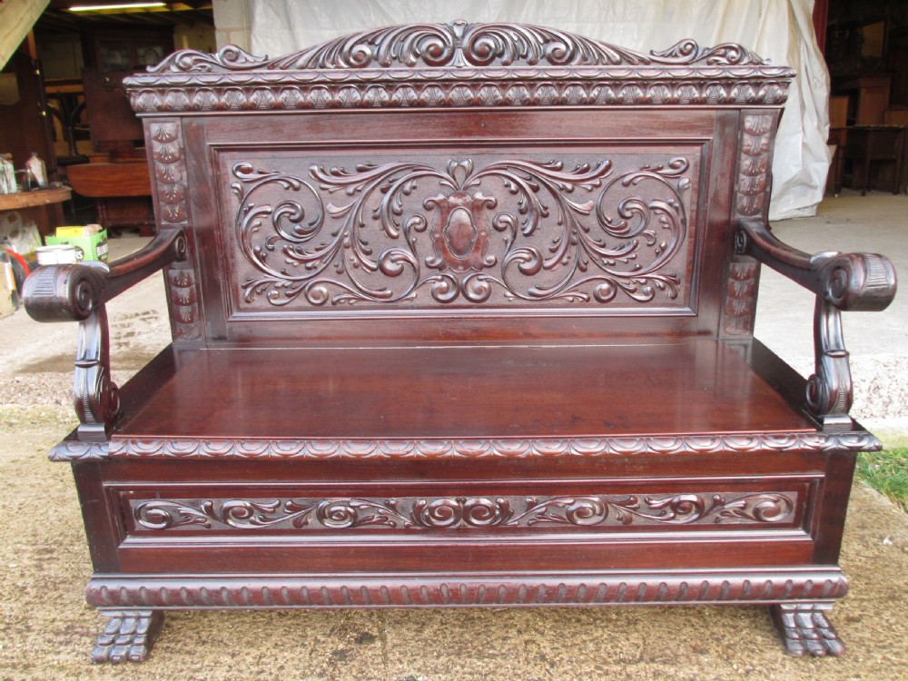 Superb Victorian Brazilian mahogany carved box settle  View XII