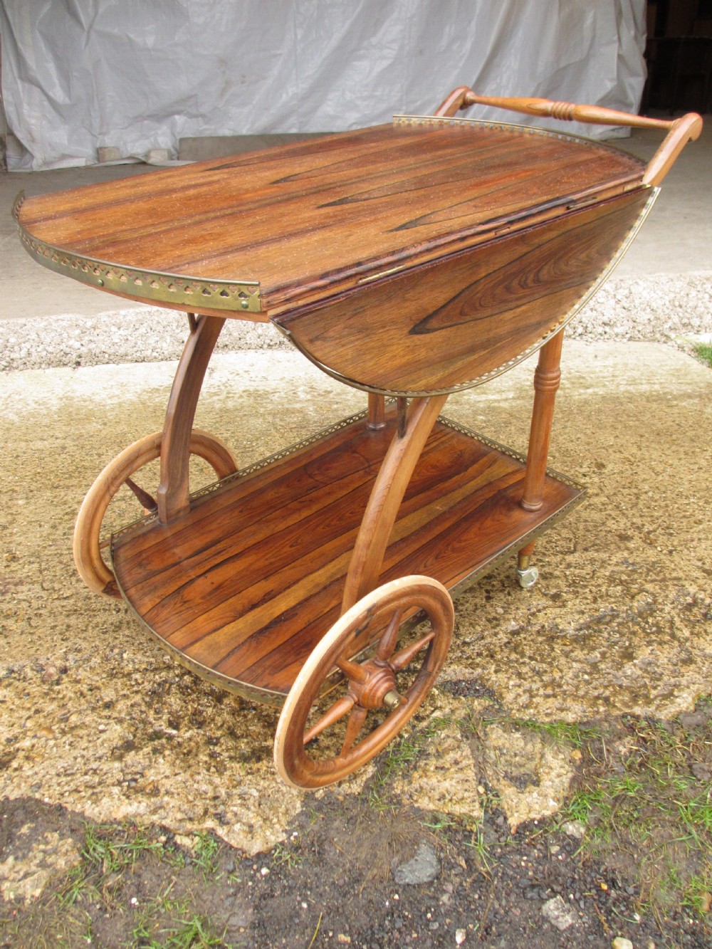 Unusual colonial rosewood drop leaf tea serving trolley  View II