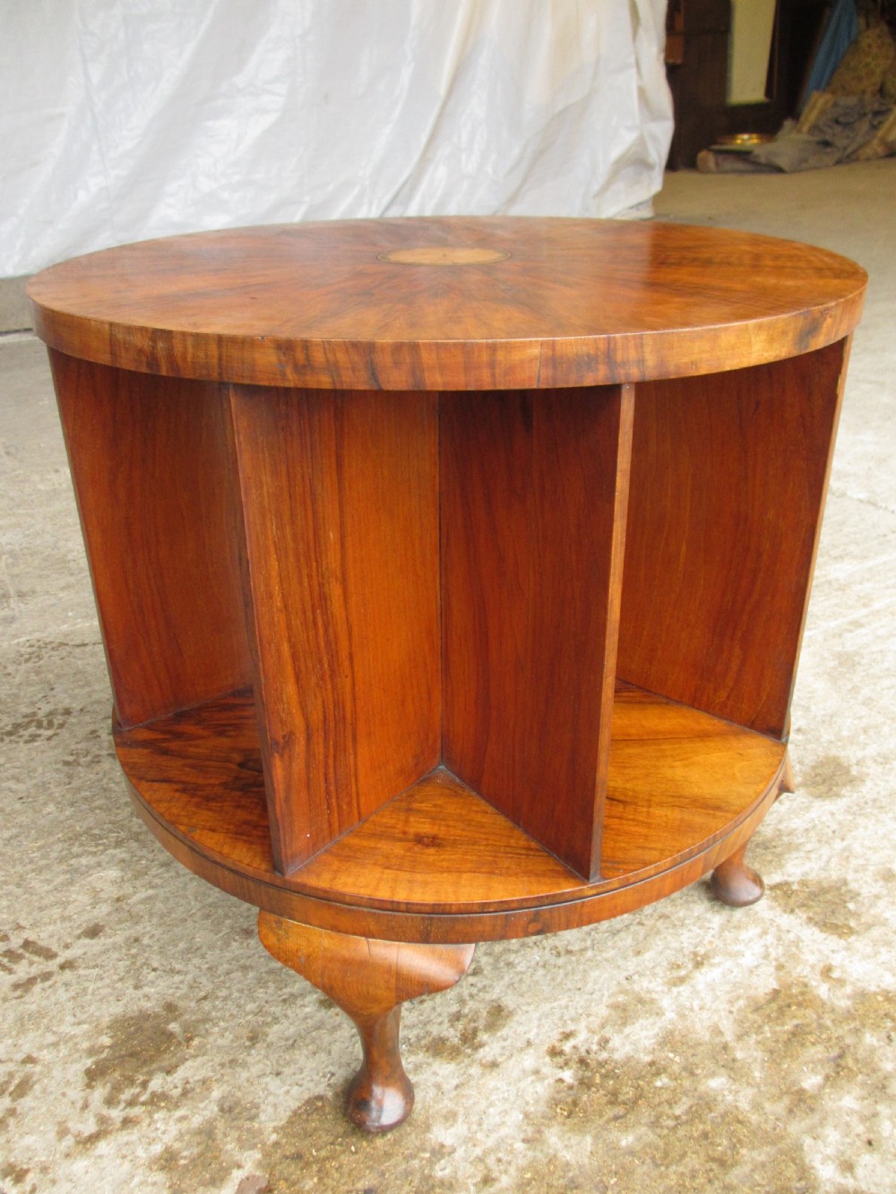 Edwardian inlaid walnut circular revolving bookcase View III