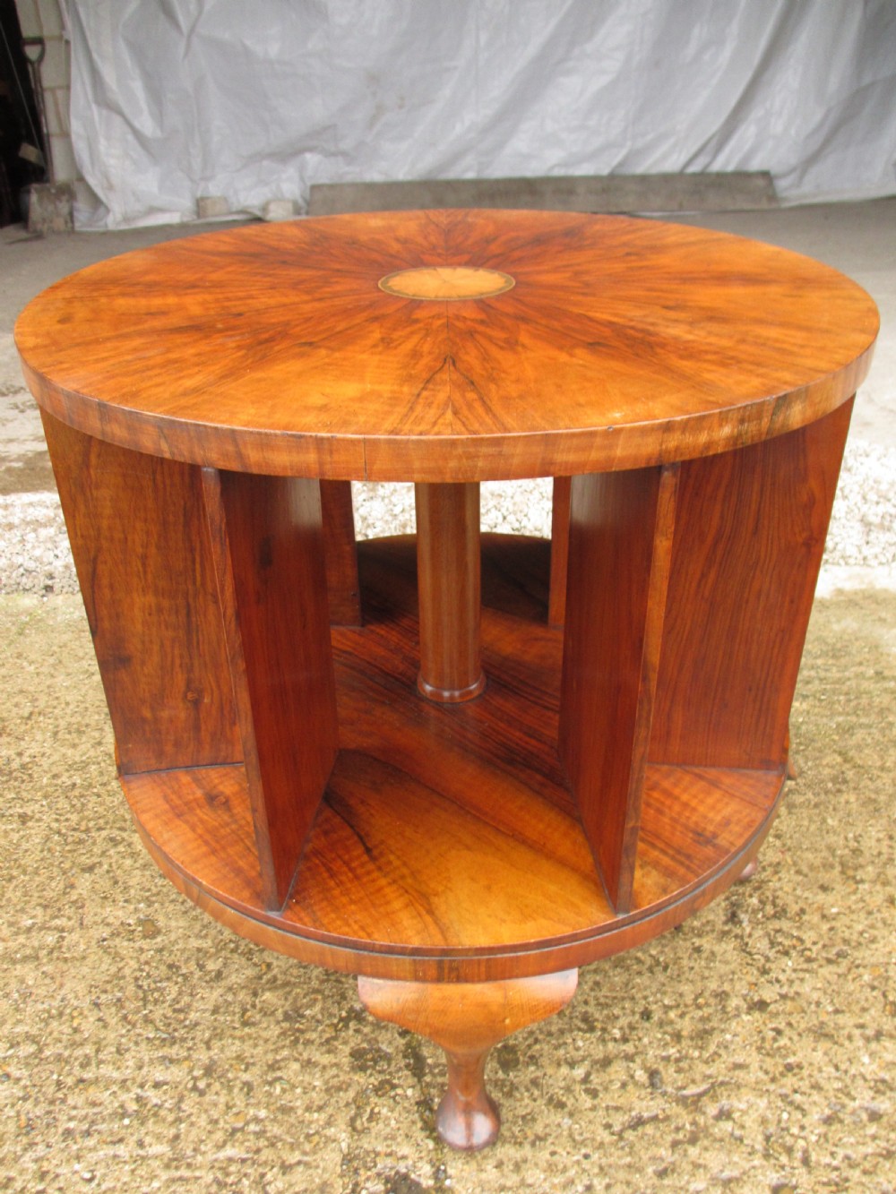 Edwardian inlaid walnut circular revolving bookcase View XI