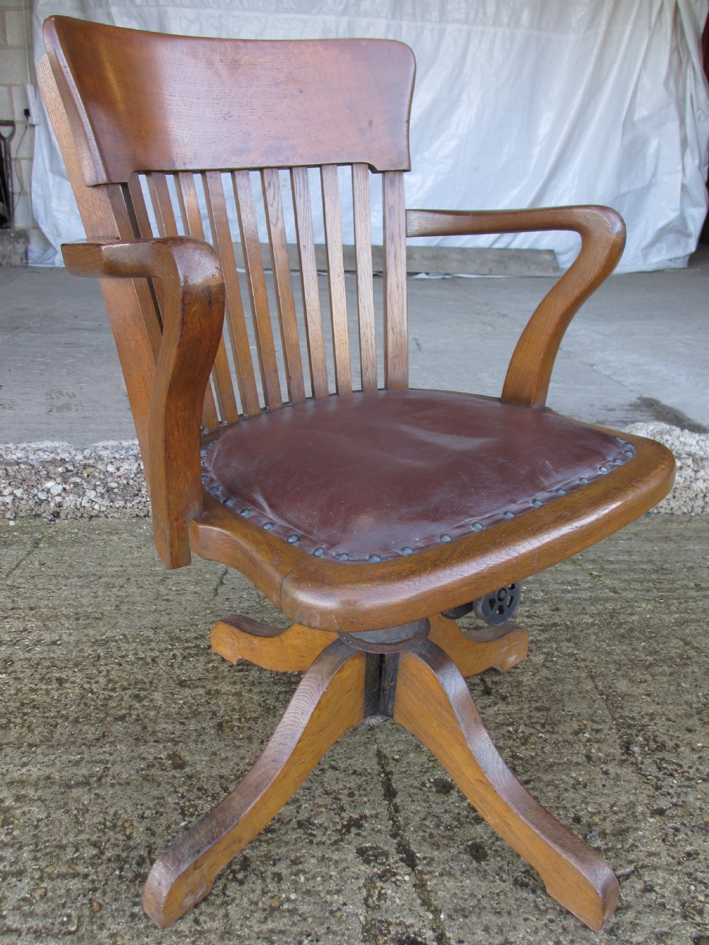 Edwardian oak and leather adjustable swivel desk chair View II