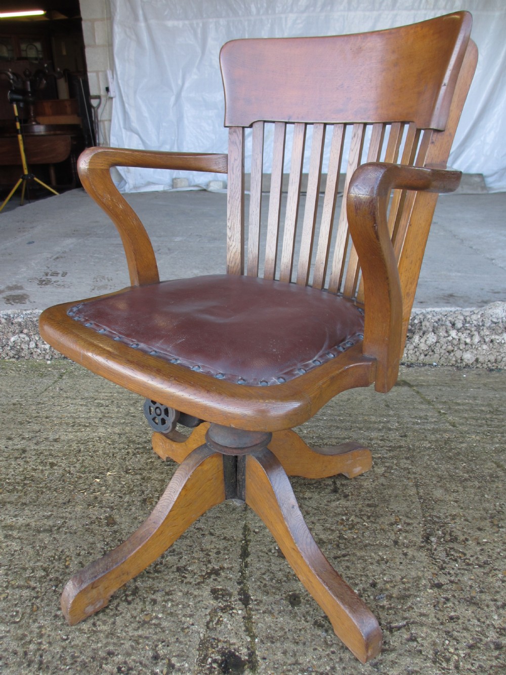 Edwardian oak and leather adjustable swivel desk chair View III
