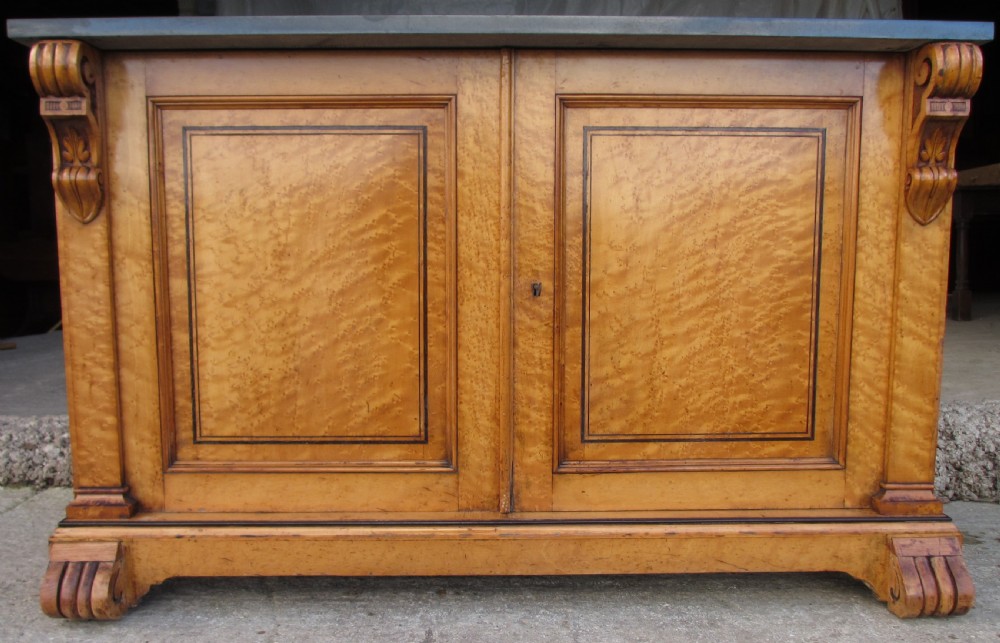 19th century birds eye maple side cabinet with marble top 