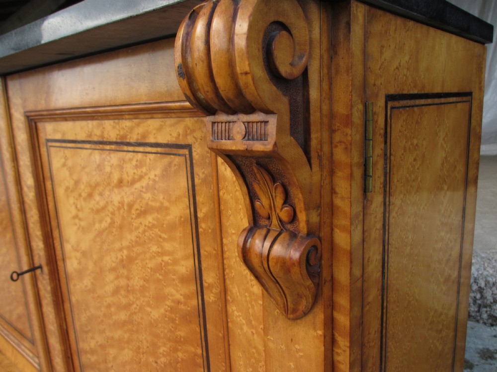 19th century birds eye maple side cabinet with marble top  View V