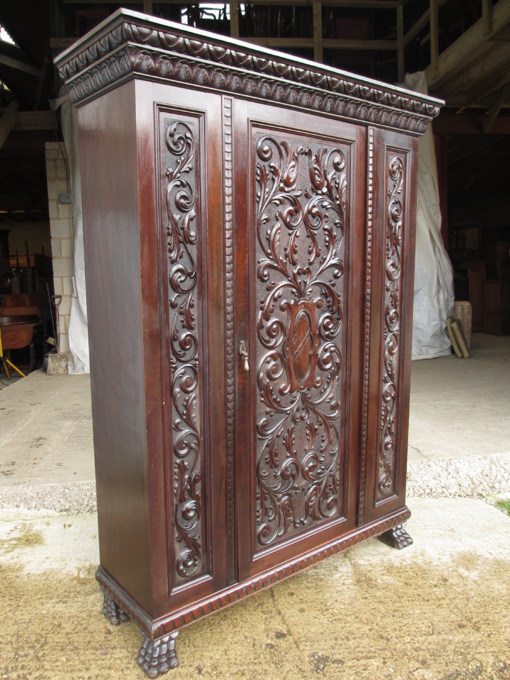 Victorian carved Brazilian mahogany hall cupboard View II