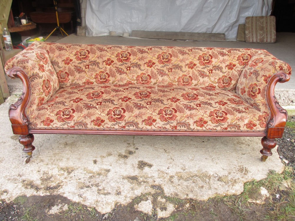 Victorian carved mahogany show frame rose upholstered sofa View II