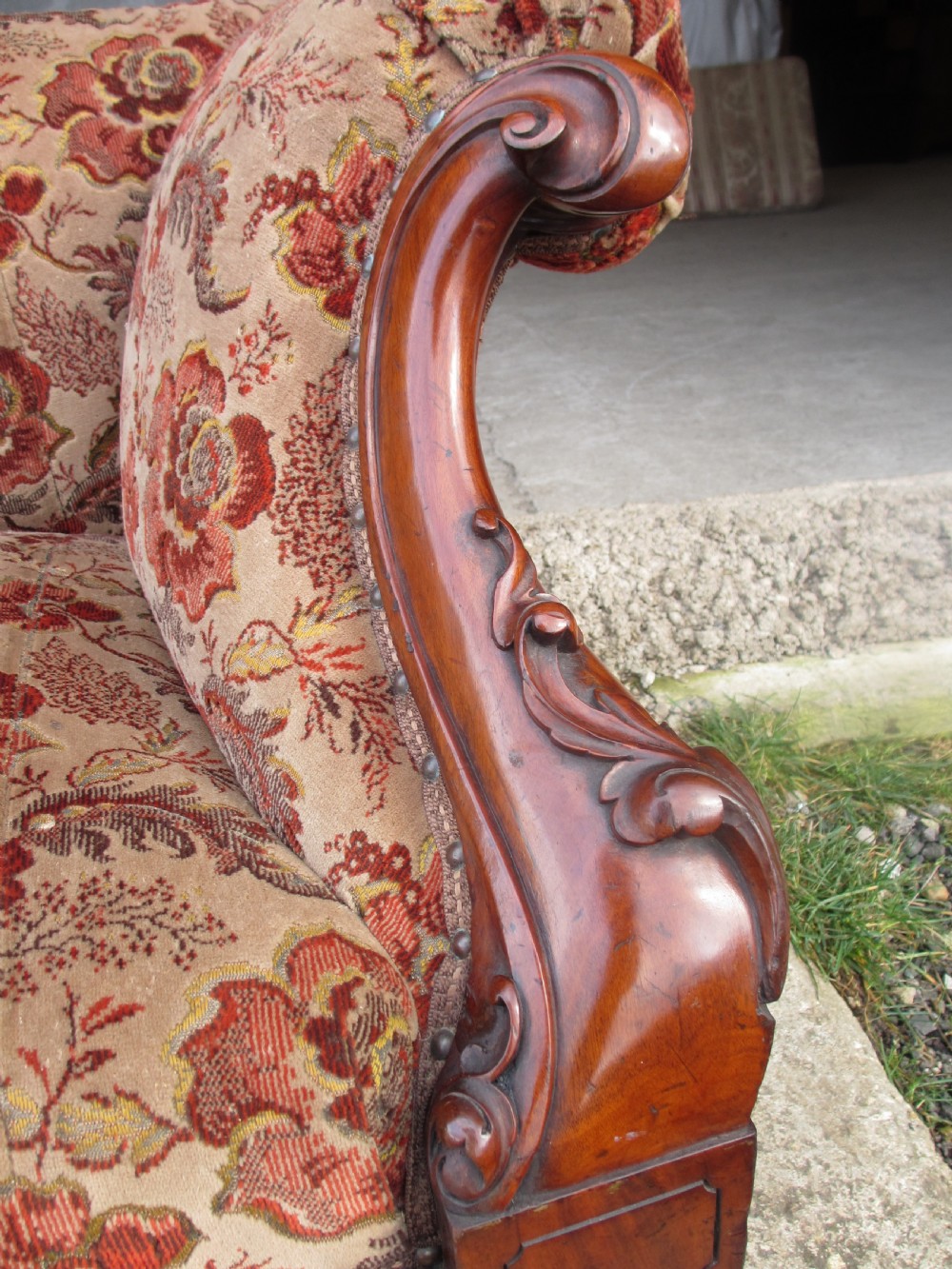 Victorian carved mahogany show frame rose upholstered sofa View VII