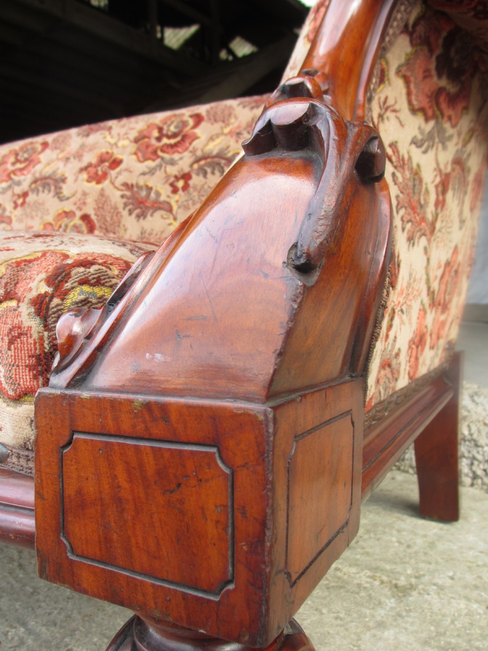 Victorian carved mahogany show frame rose upholstered sofa View IX