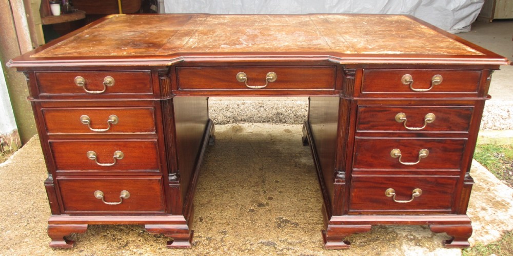 Large mahogany inverted break front 3 piece pedestal partners desk 