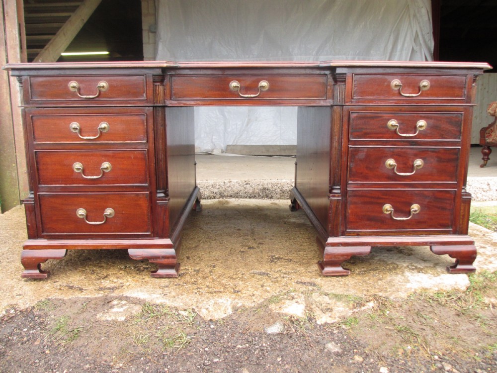 Large mahogany inverted break front 3 piece pedestal partners desk  View II
