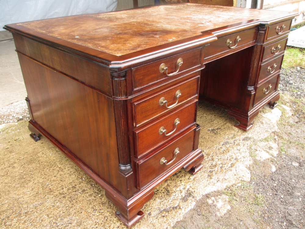 Large mahogany inverted break front 3 piece pedestal partners desk  View III