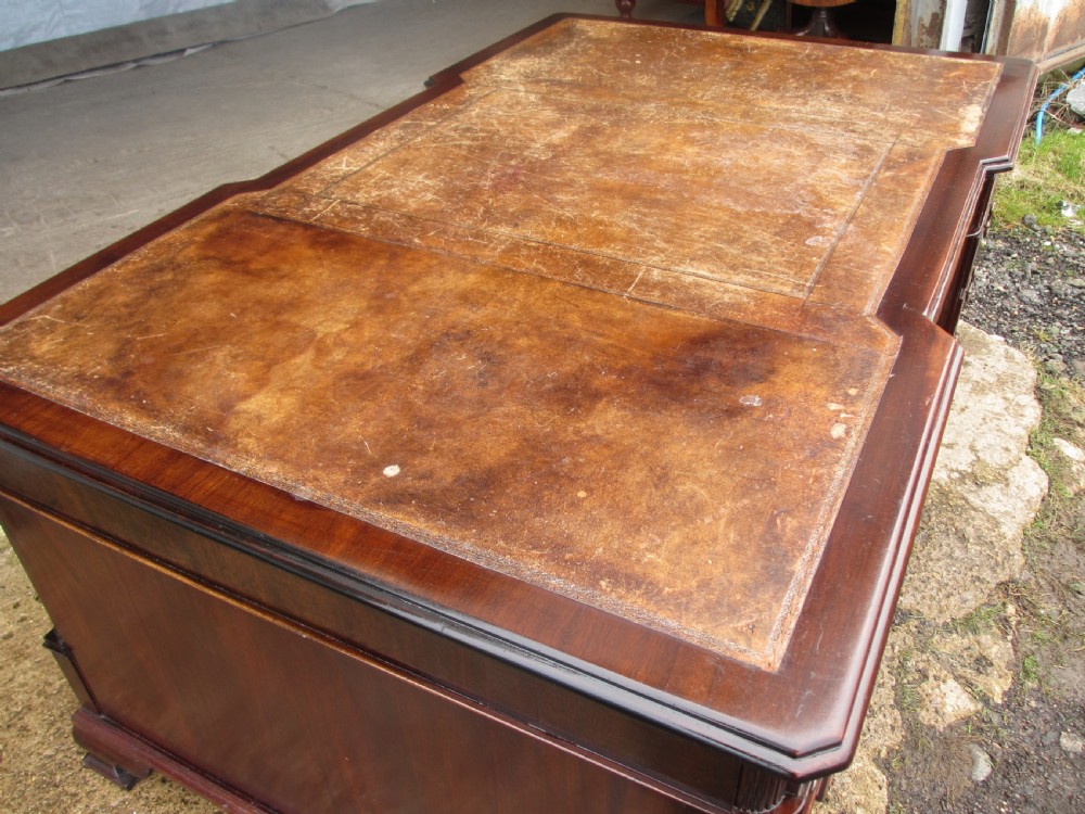 Large mahogany inverted break front 3 piece pedestal partners desk  View IV