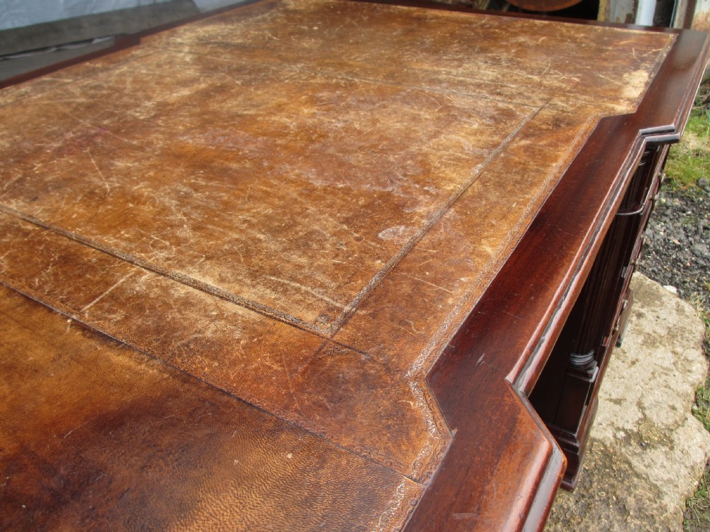 Large mahogany inverted break front 3 piece pedestal partners desk  View V