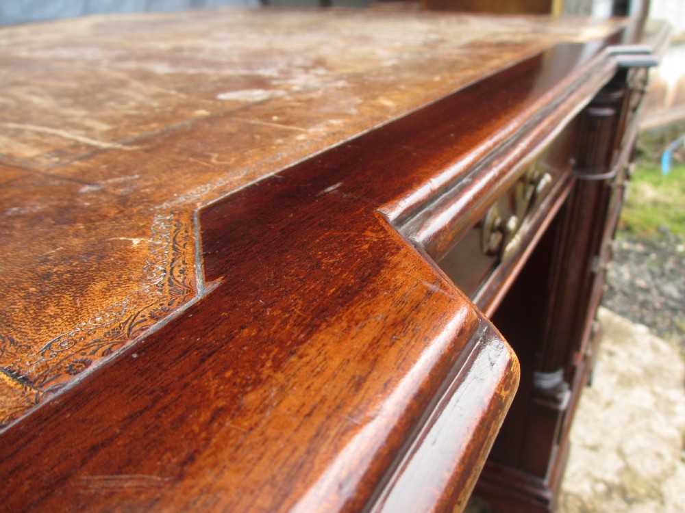 Large mahogany inverted break front 3 piece pedestal partners desk  View VI
