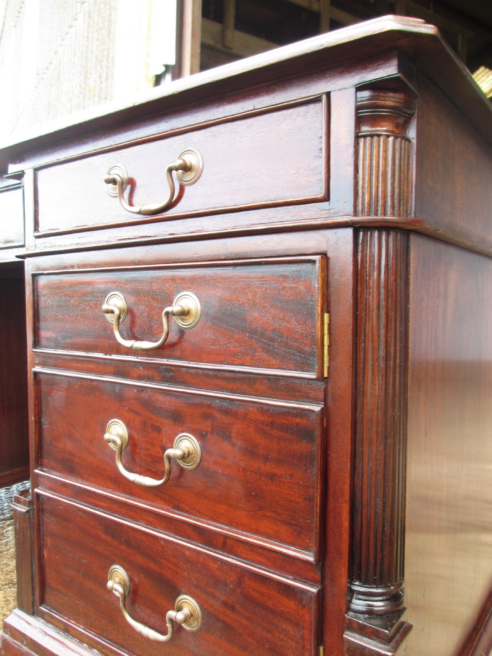 Large mahogany inverted break front 3 piece pedestal partners desk  View VII