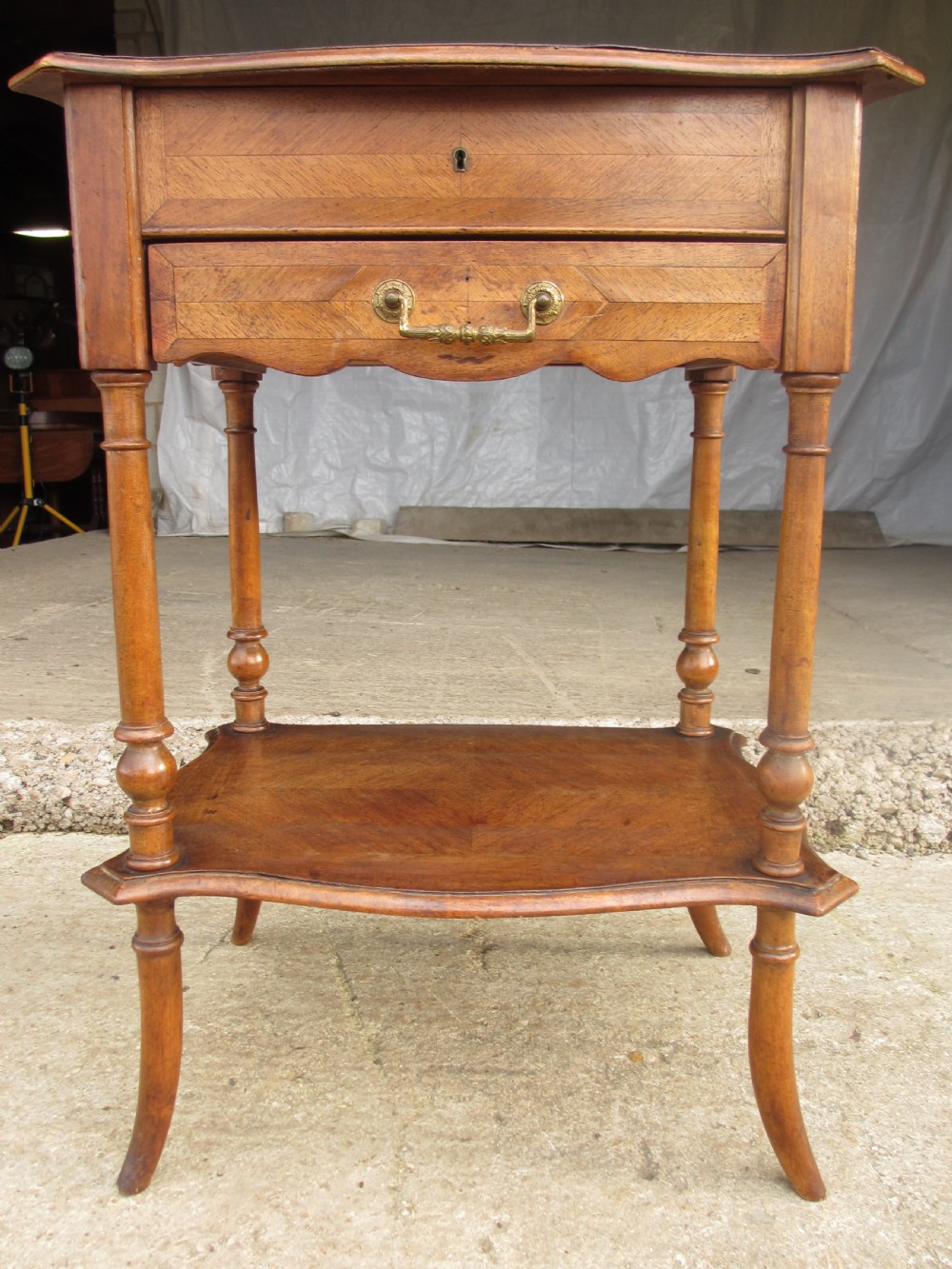 French walnut and mahogany sewing work table
