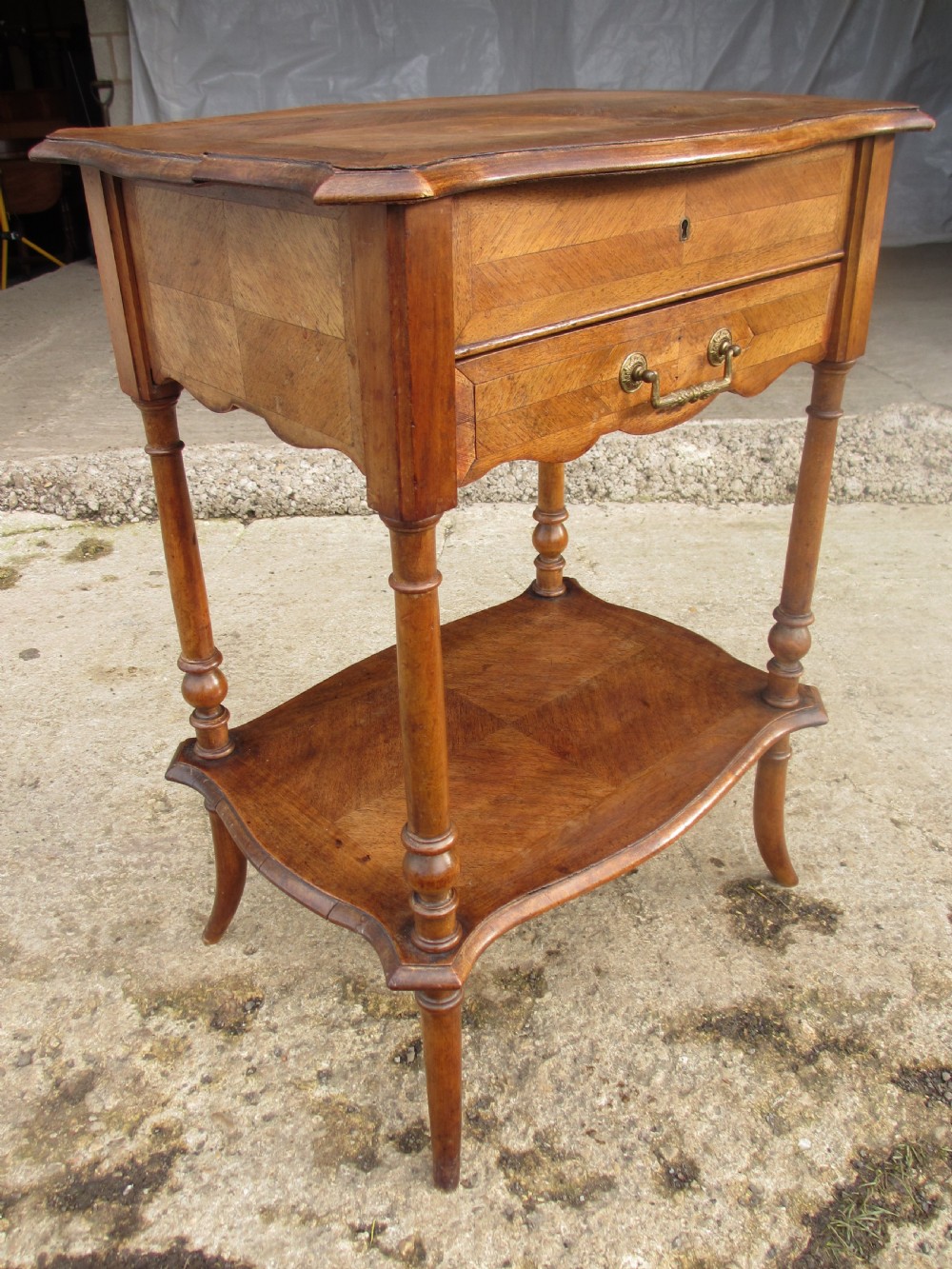 French walnut and mahogany sewing work table View II
