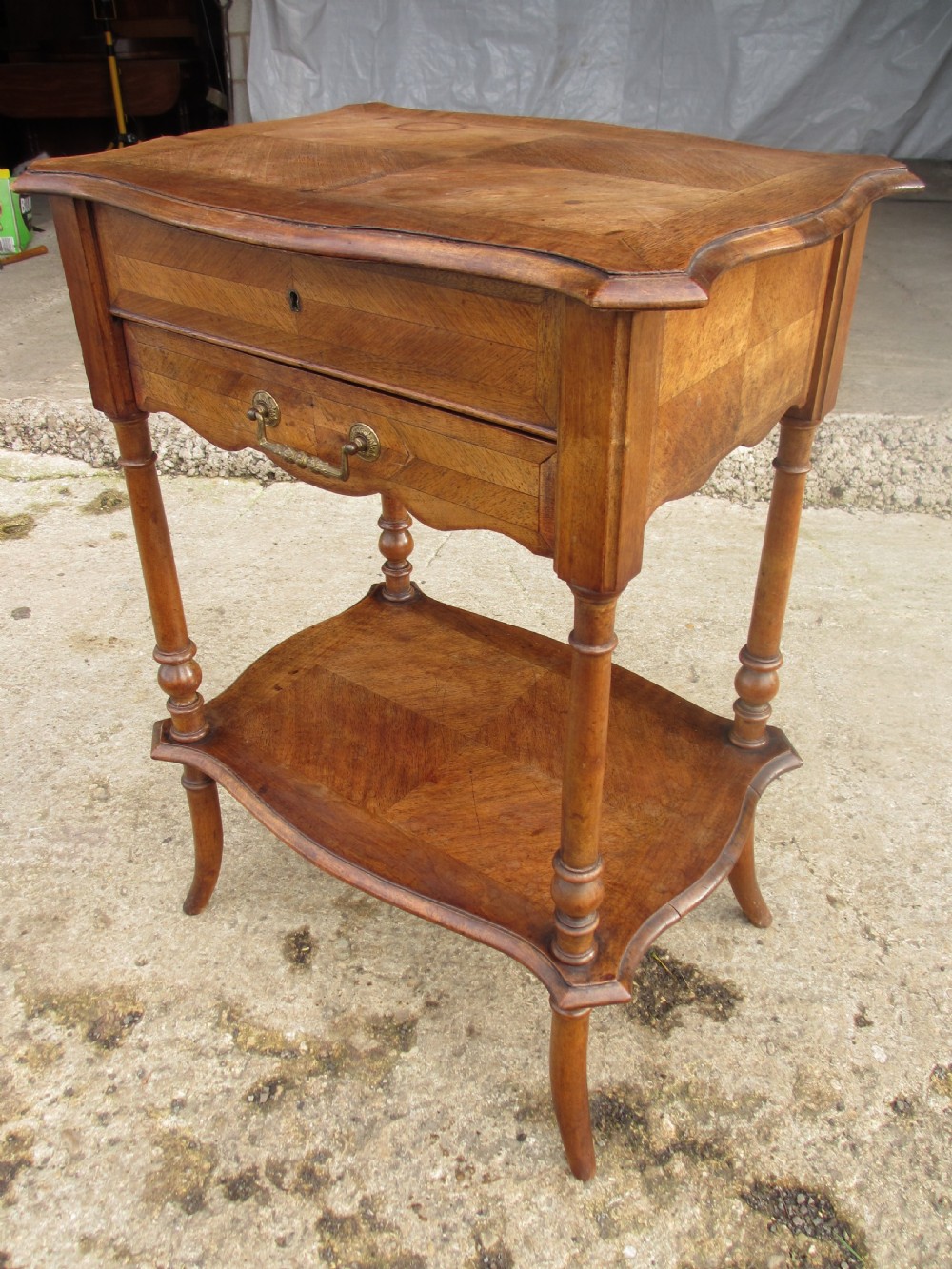 French walnut and mahogany sewing work table View III