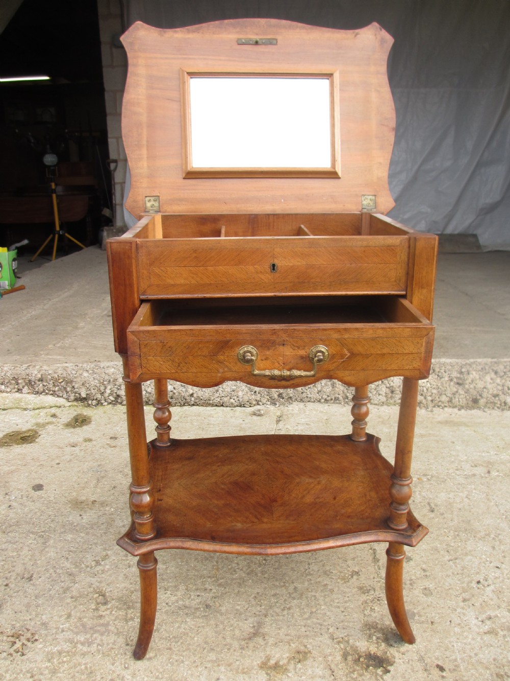 French walnut and mahogany sewing work table View X