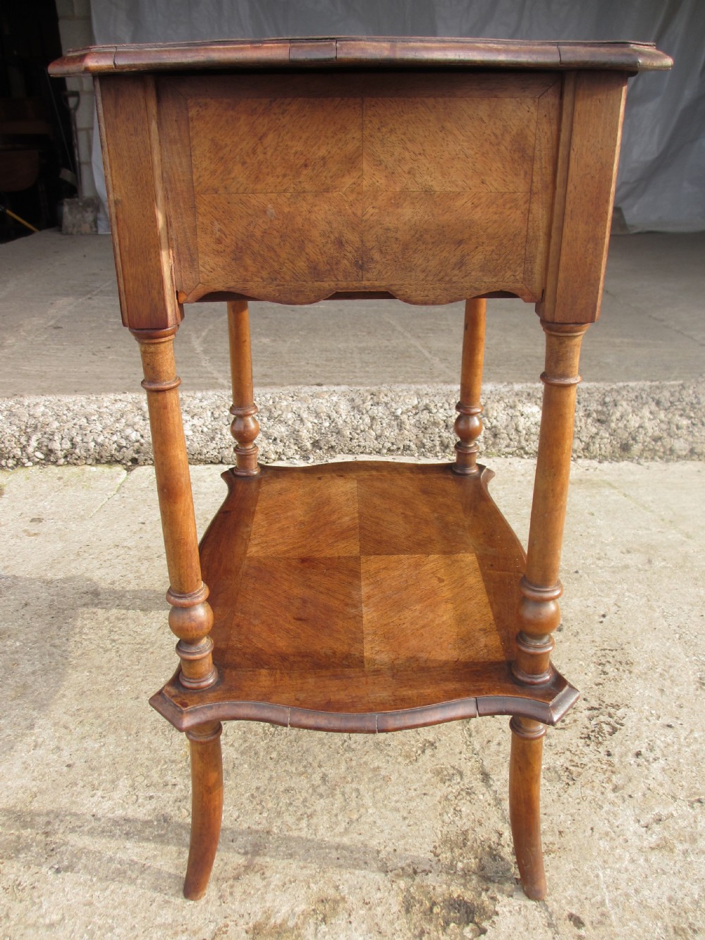 French walnut and mahogany sewing work table View XI
